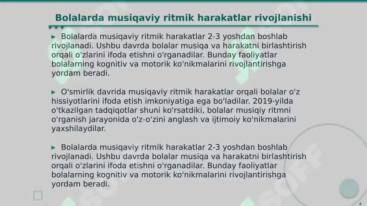 Bolalarni musiqaviy ritmik harakatlarga oʻrgatish 4