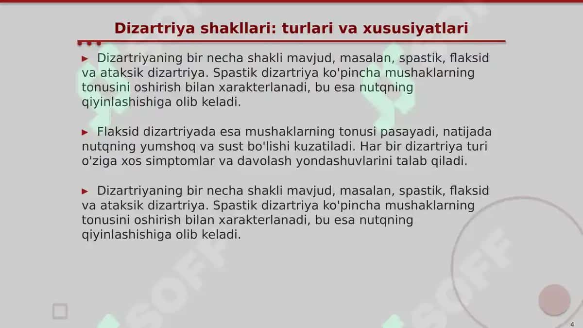 Dizartriya shakllarini sxemalashtirish (simptomatikasi, mexanizmi, zararlanish o’chog’i, nutqiy, nonutqiy buzilishlar) 4