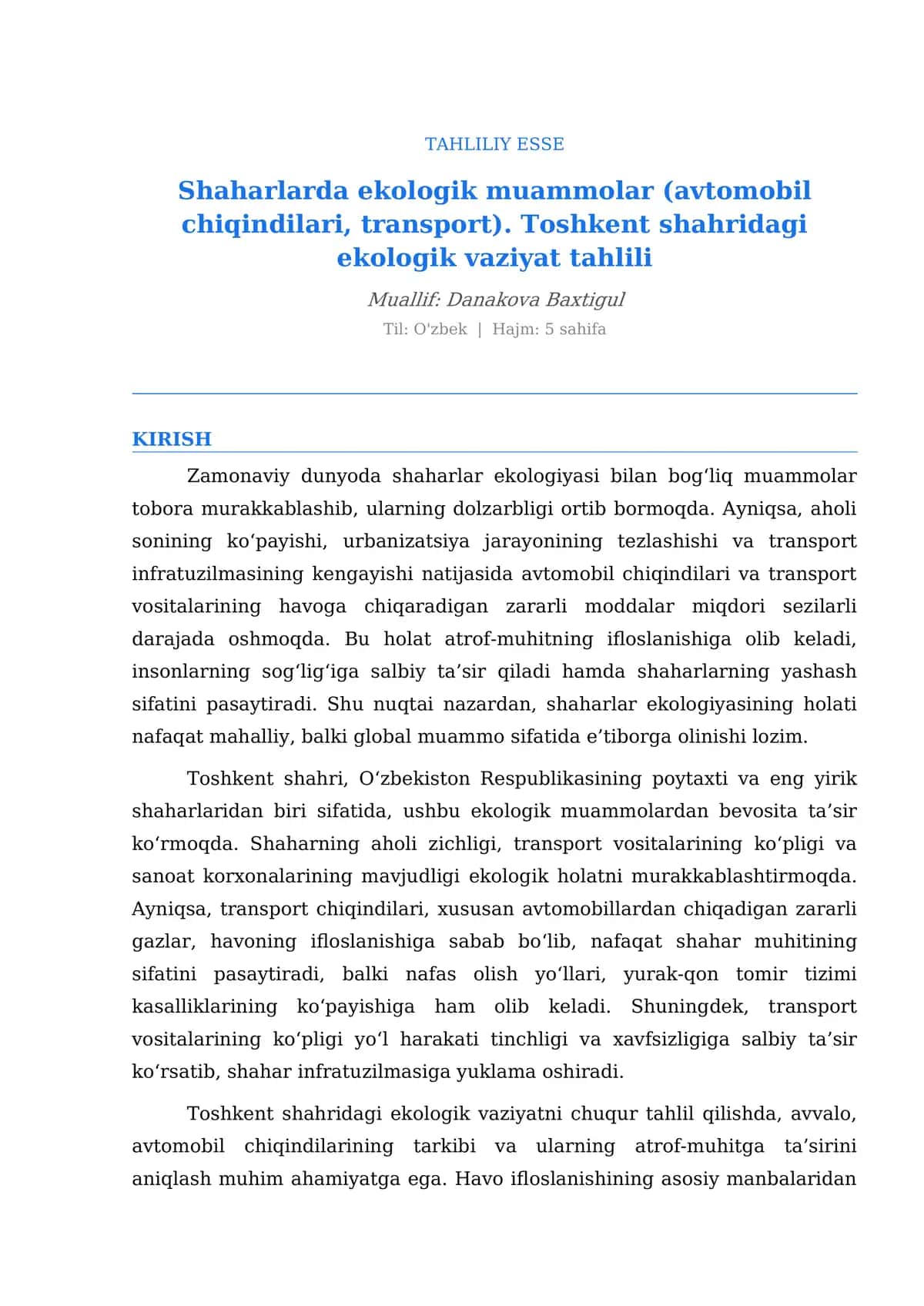 Tahliliy Esse: Shaharlarda ekologik muammolar va Toshkent shahri ekologik vaziyati tahlili