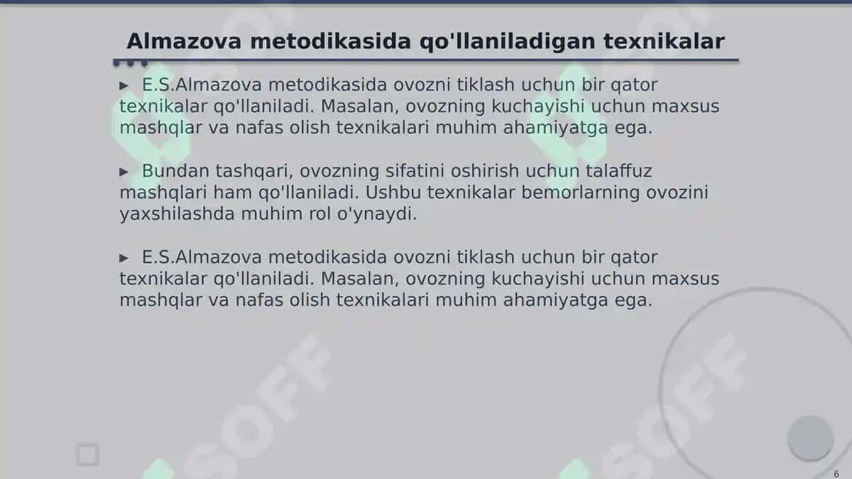 Ovoz buzilishlarini bartaraf etishda E.S.Almazova metodikasi 6