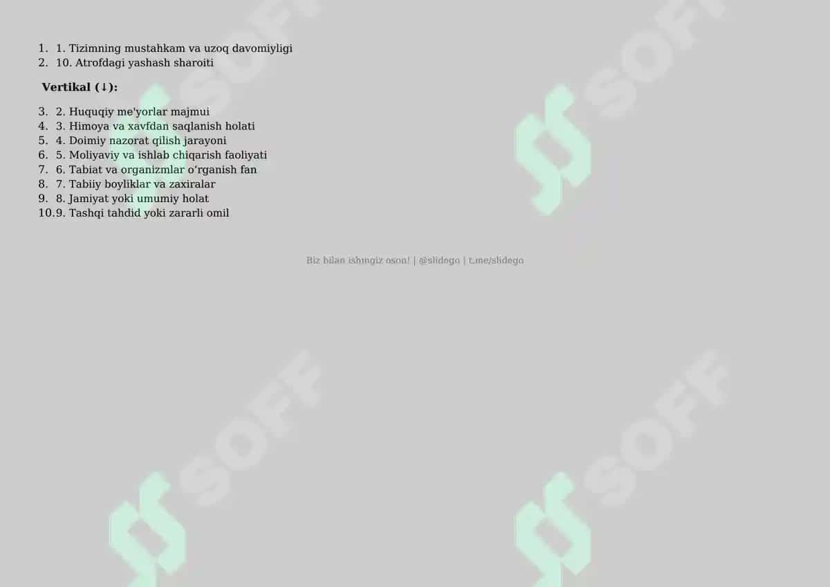 Krossvord: Iqtisodiy xavfsizlik tizimida ekologik xavfsizlikning tutgan oʻrni 2
