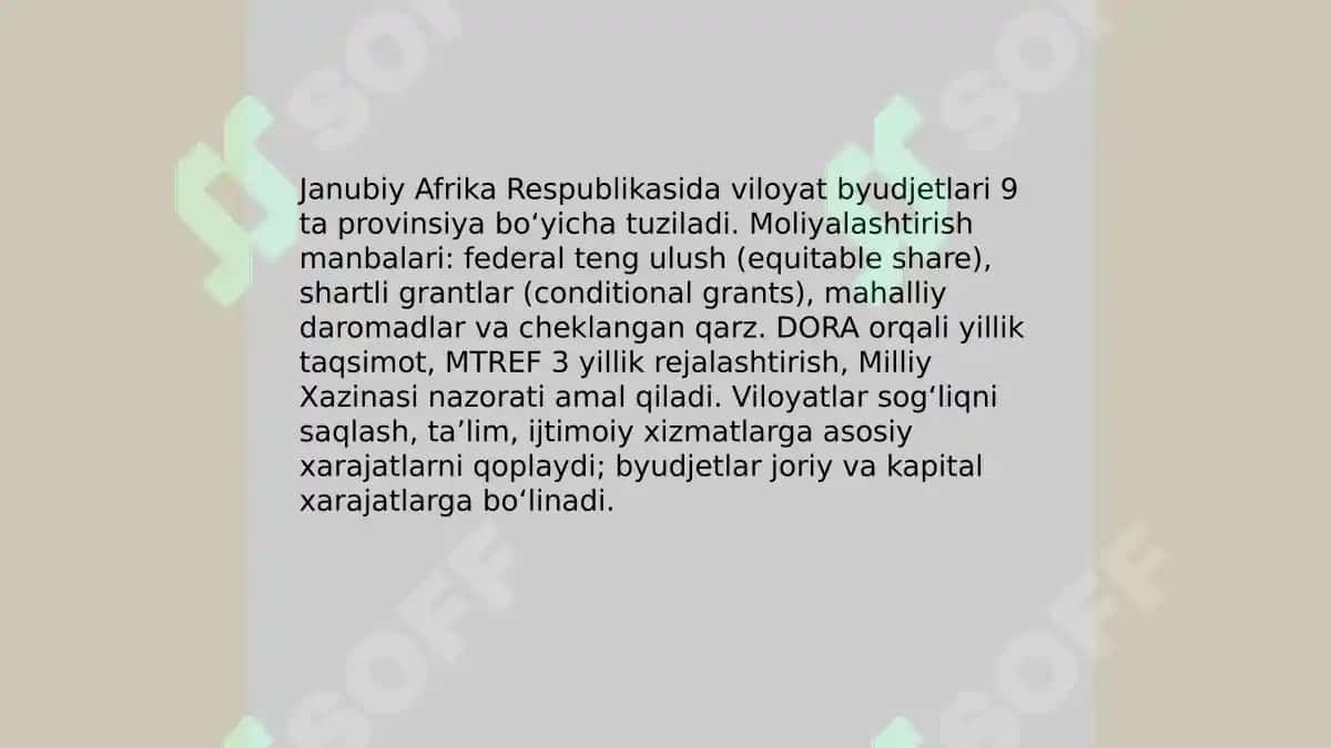 Janubiy Afrika Respublika mintaqalarning moliyalashtirish mexanizmlari 4