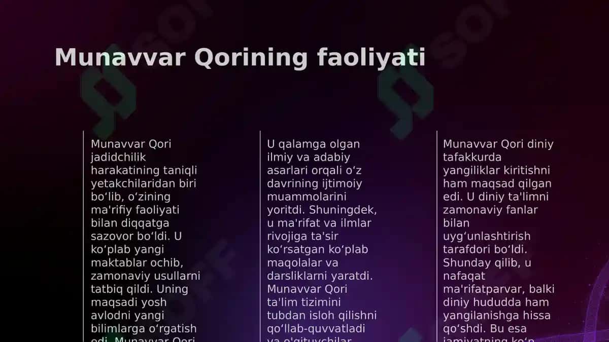 Jadid ma'rifatparvarlarining o'lka ijtimoiy-ma'naviy hayotida tutgan o'rni (Munavvar Qori, Fitrat, Behbudiy, Avloniy va boshq.). 5