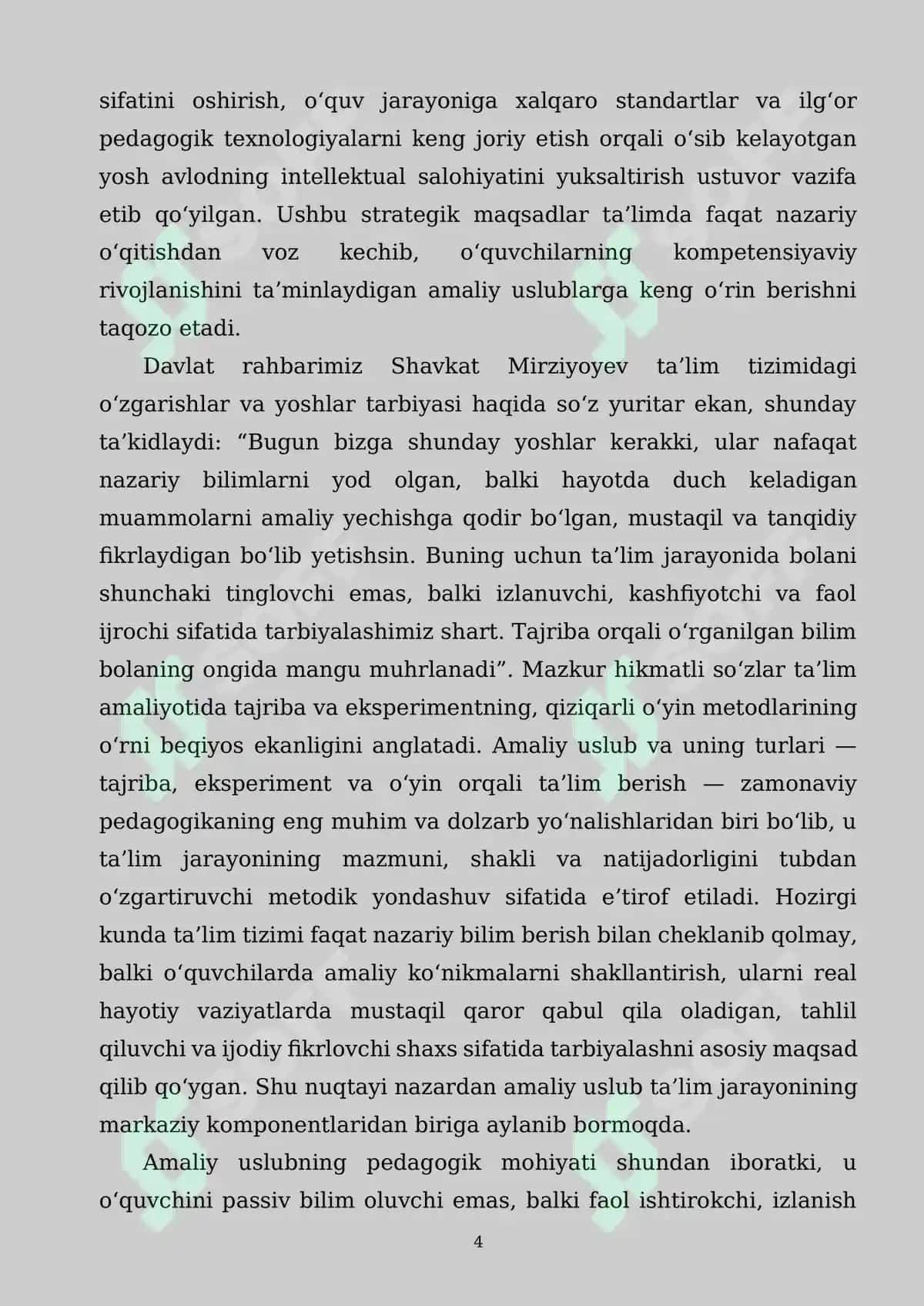 AMALIY USLUB VA UNING TURLARI (TAJRIBA, EKSPERIMENT, O‘YIN ORQALI TA’LIM) PEDAGOGIK TAHLILI 4
