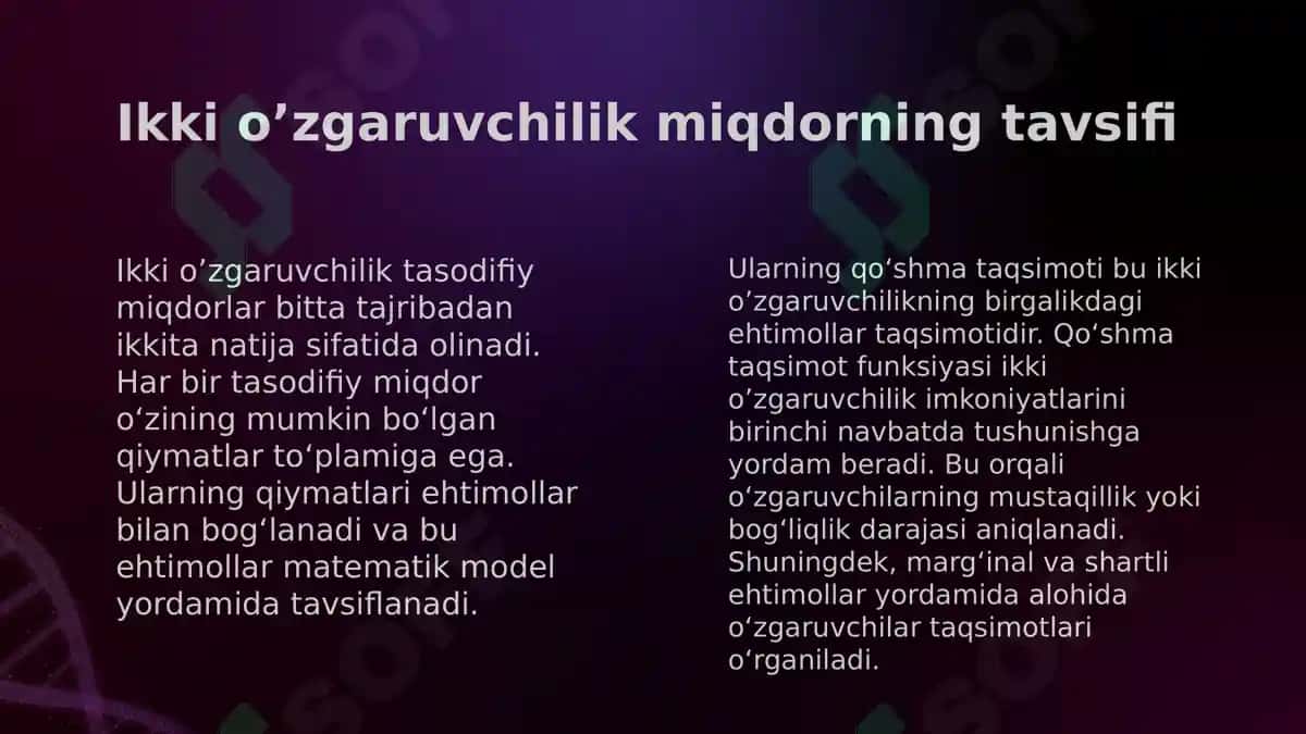 IKKI O’ZGARUVCHILIK TASODIFIY MIQDORLAR UCHUN EHTIMOLLAR TAQSIMOTI FUNKSIYASI 4