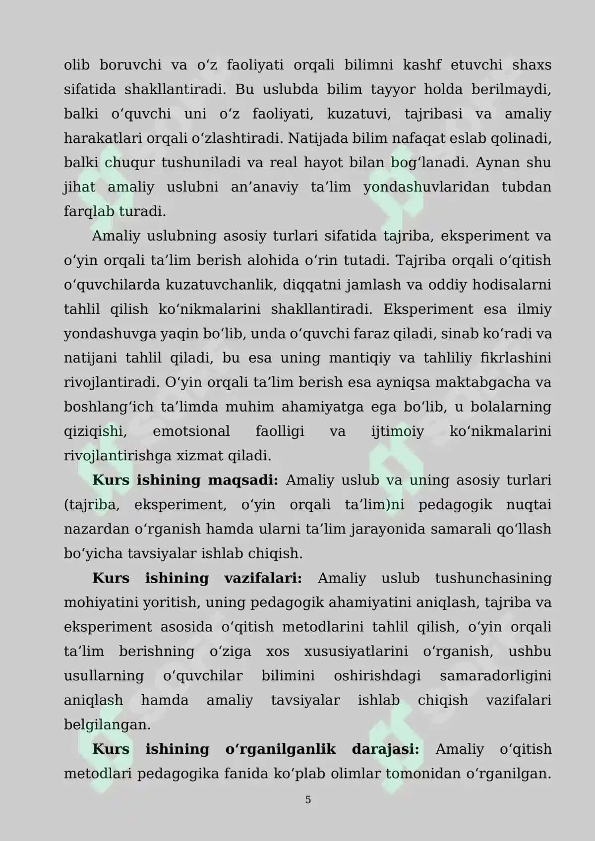 AMALIY USLUB VA UNING TURLARI (TAJRIBA, EKSPERIMENT, O‘YIN ORQALI TA’LIM) PEDAGOGIK TAHLILI 5