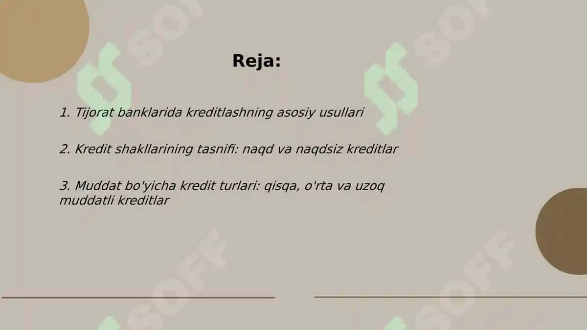 Tijorat banklarida kreditlash usullari va shakllari bank krediti turlari 2