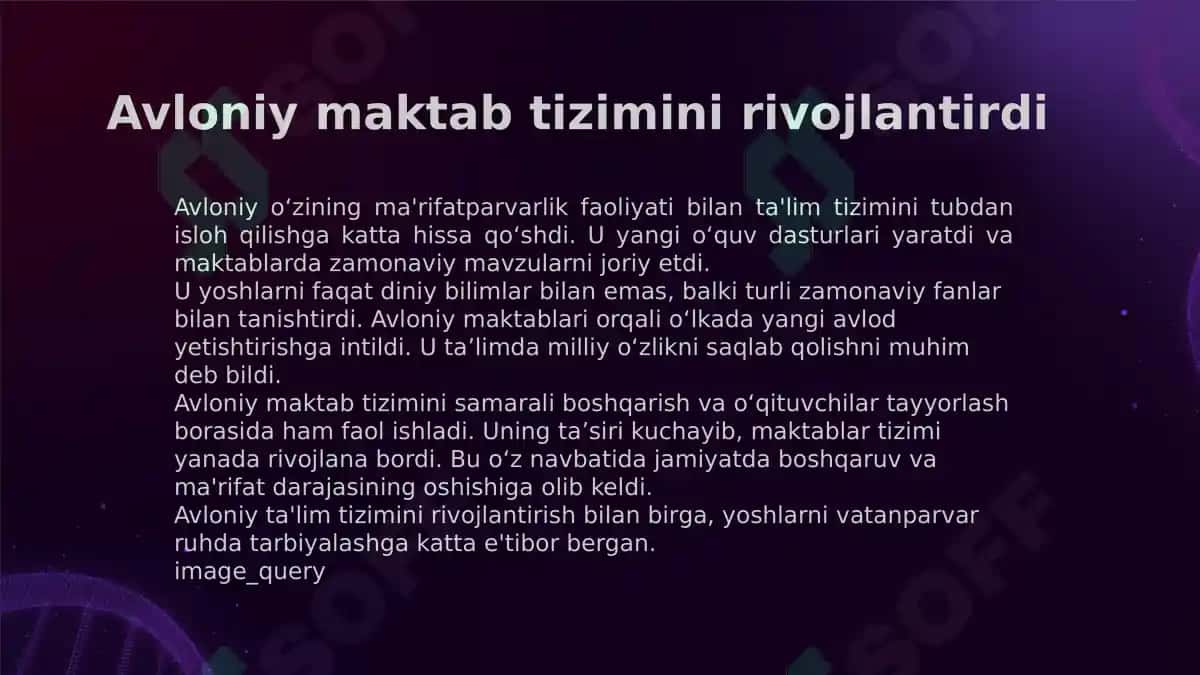 Jadid ma'rifatparvarlarining o'lka ijtimoiy-ma'naviy hayotida tutgan o'rni (Munavvar Qori, Fitrat, Behbudiy, Avloniy va boshq.). 8