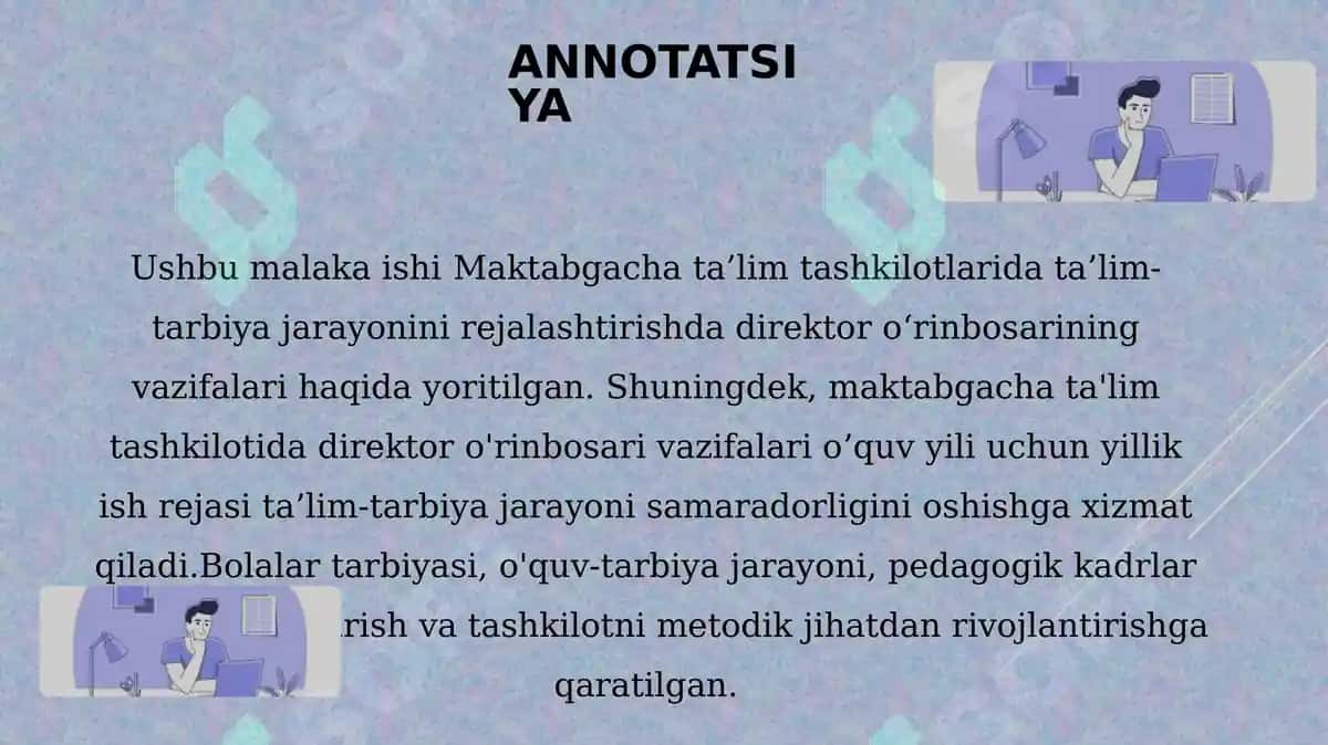 Maktabgacha ta’lim tashkilotlarida ta’lim-tarbiya jarayonini rejalashtirishda direktor o‘rinbosarining vazifalari (Loyihaviy Taqdimot) 3