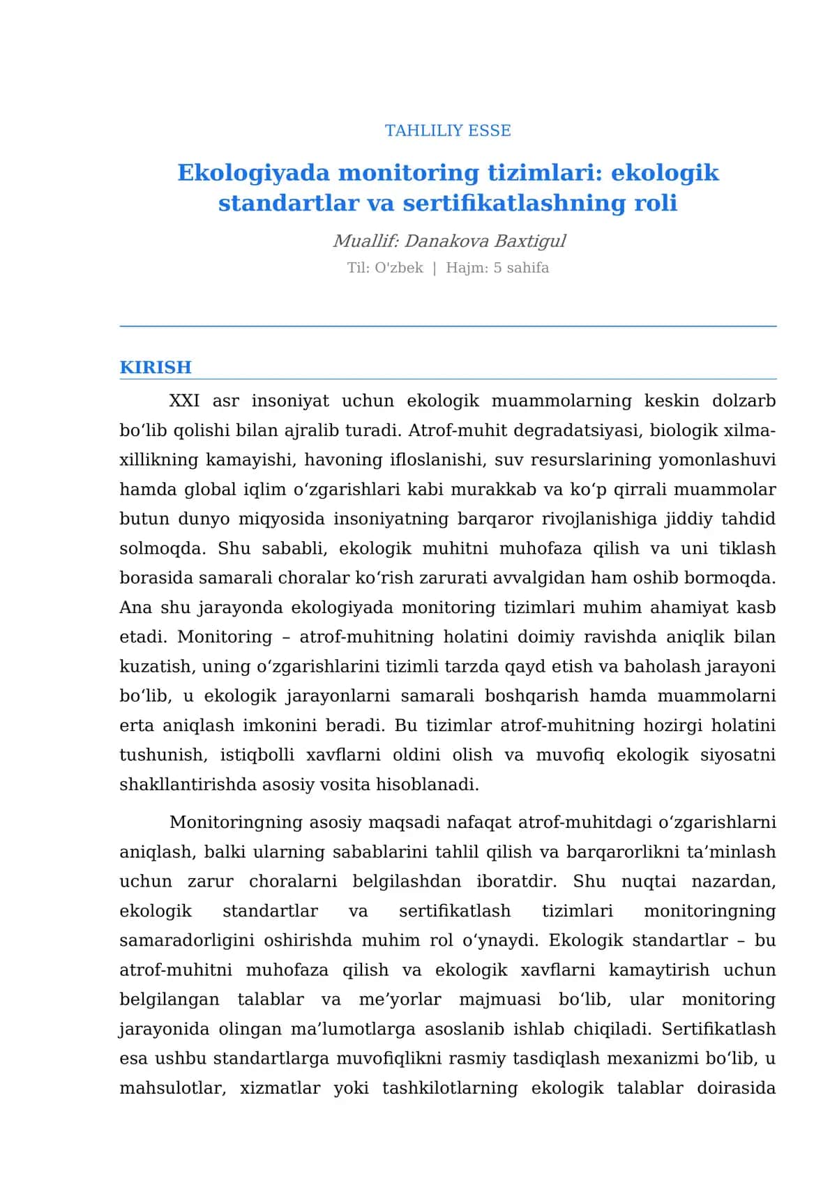 Ekologiyada monitoring tizimlari: ekologik standartlar va sertifikatlashning roli