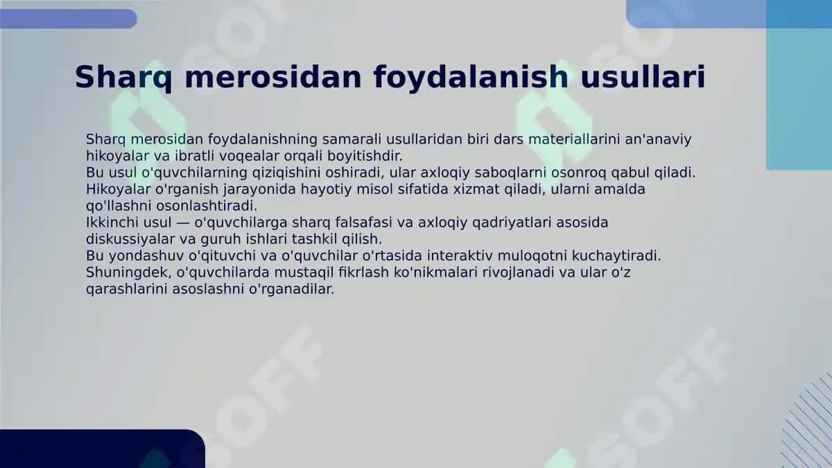 Boshlang'ich ta'lim fanlarini o'qitish jarayonida Sharq mutafakkirlari merosidan foydalanish (tarbiya fani darslari misolida) 6