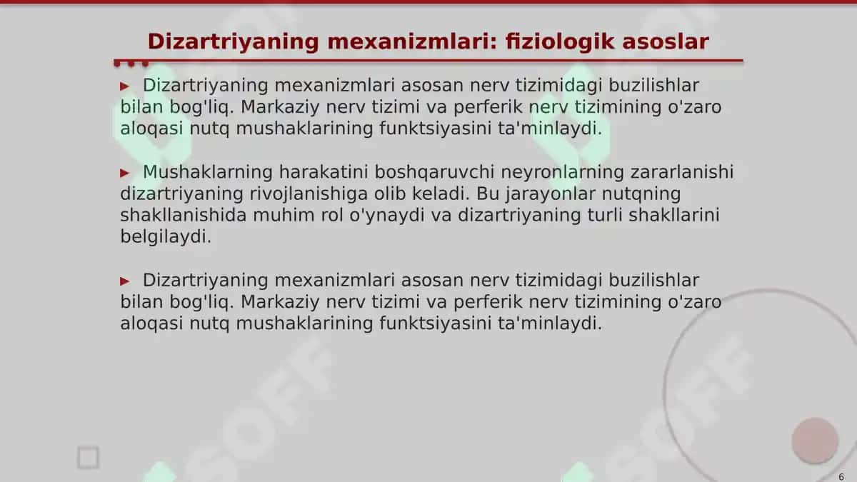 Dizartriya shakllarini sxemalashtirish (simptomatikasi, mexanizmi, zararlanish o’chog’i, nutqiy, nonutqiy buzilishlar) 6