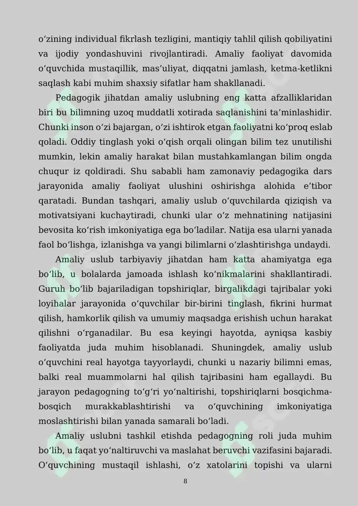 AMALIY USLUB VA UNING TURLARI (TAJRIBA, EKSPERIMENT, O‘YIN ORQALI TA’LIM) PEDAGOGIK TAHLILI 8
