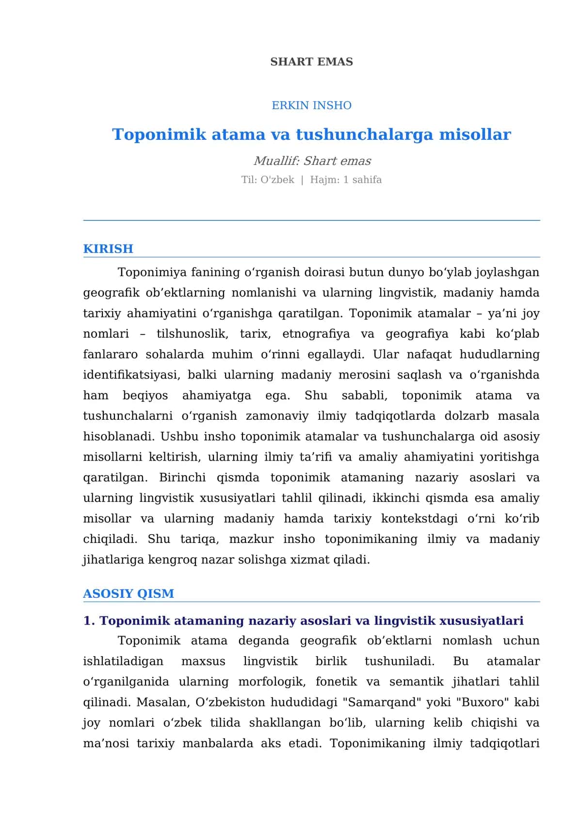 Erkin Insho: Toponimik atama va tushunchalarga misollar