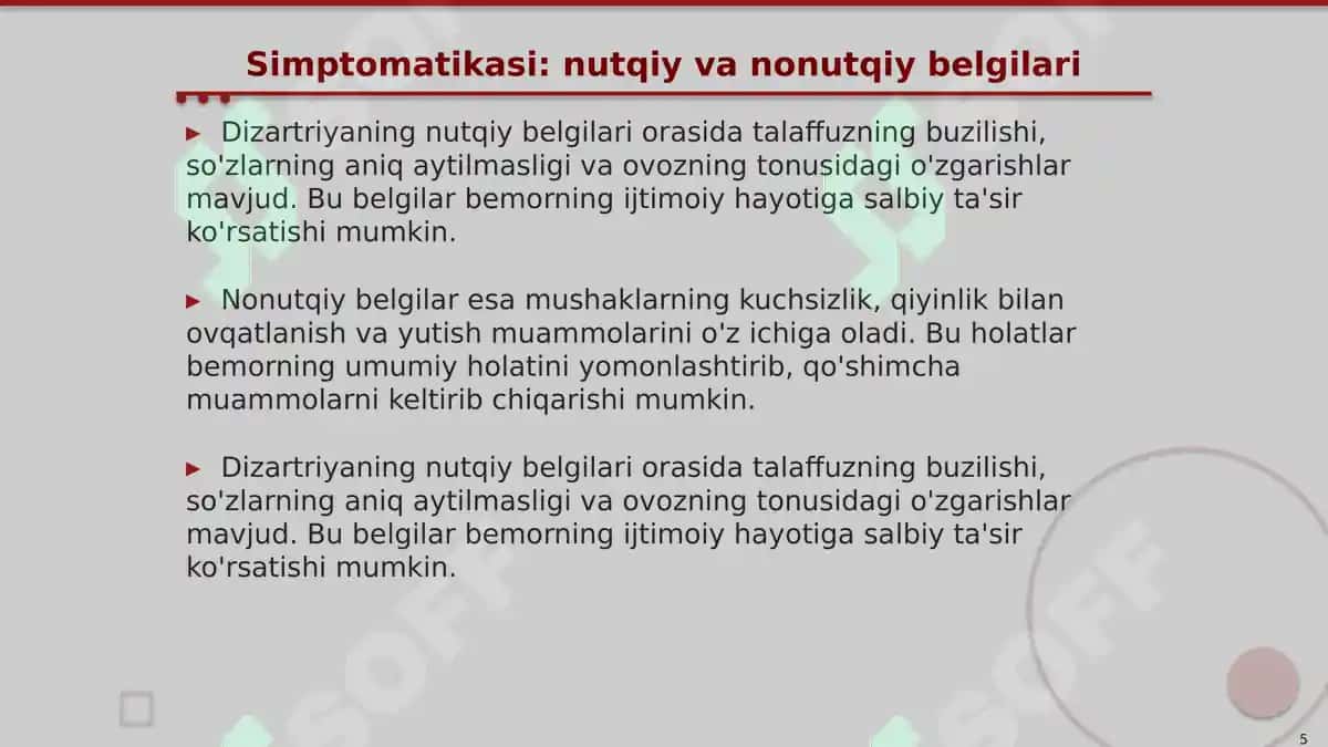 Dizartriya shakllarini sxemalashtirish (simptomatikasi, mexanizmi, zararlanish o’chog’i, nutqiy, nonutqiy buzilishlar) 5