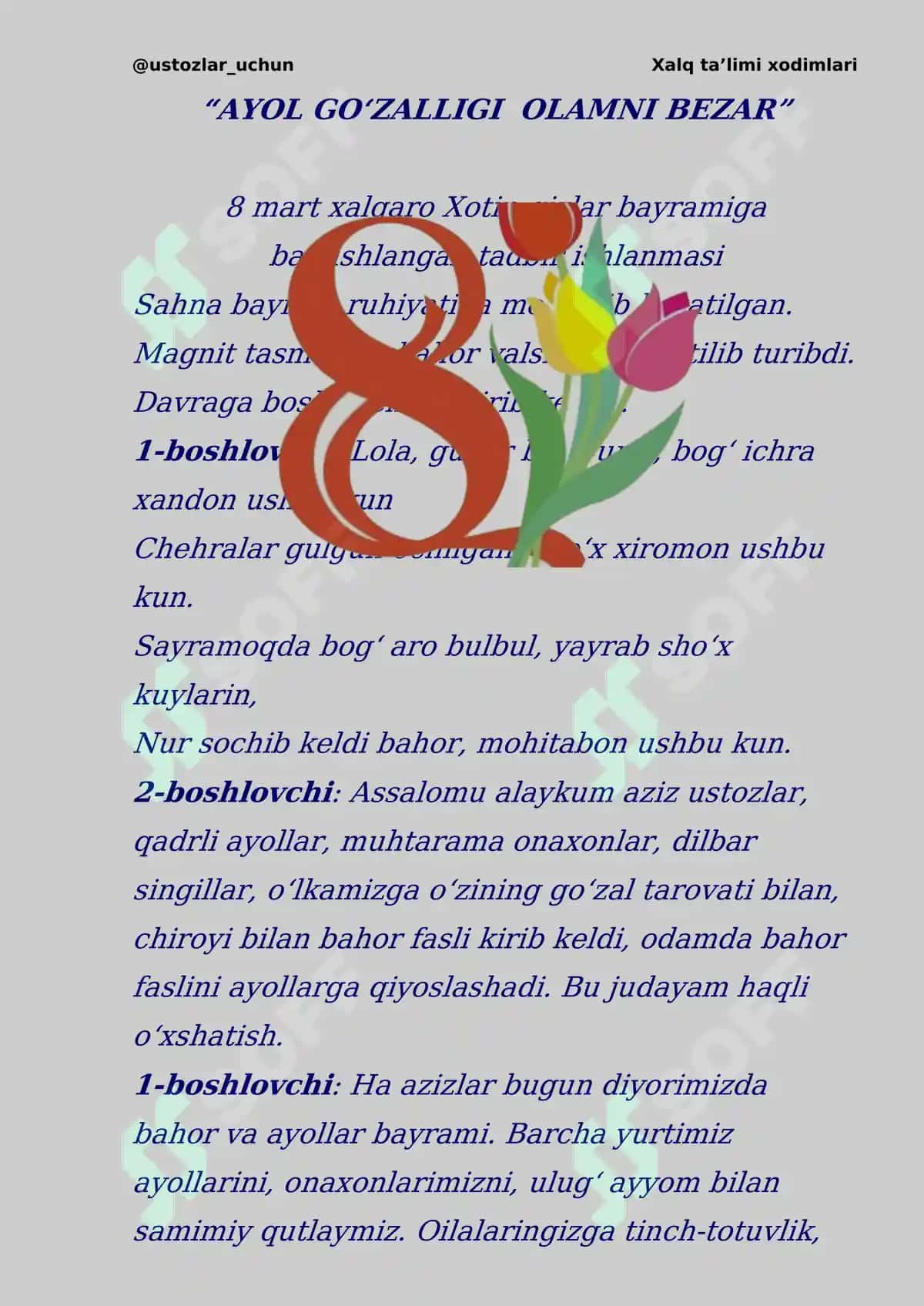 8 mart Xalqaro Xotin-qizlar bayramiga bag‘ishlangan tadbir ishlanmasi 2