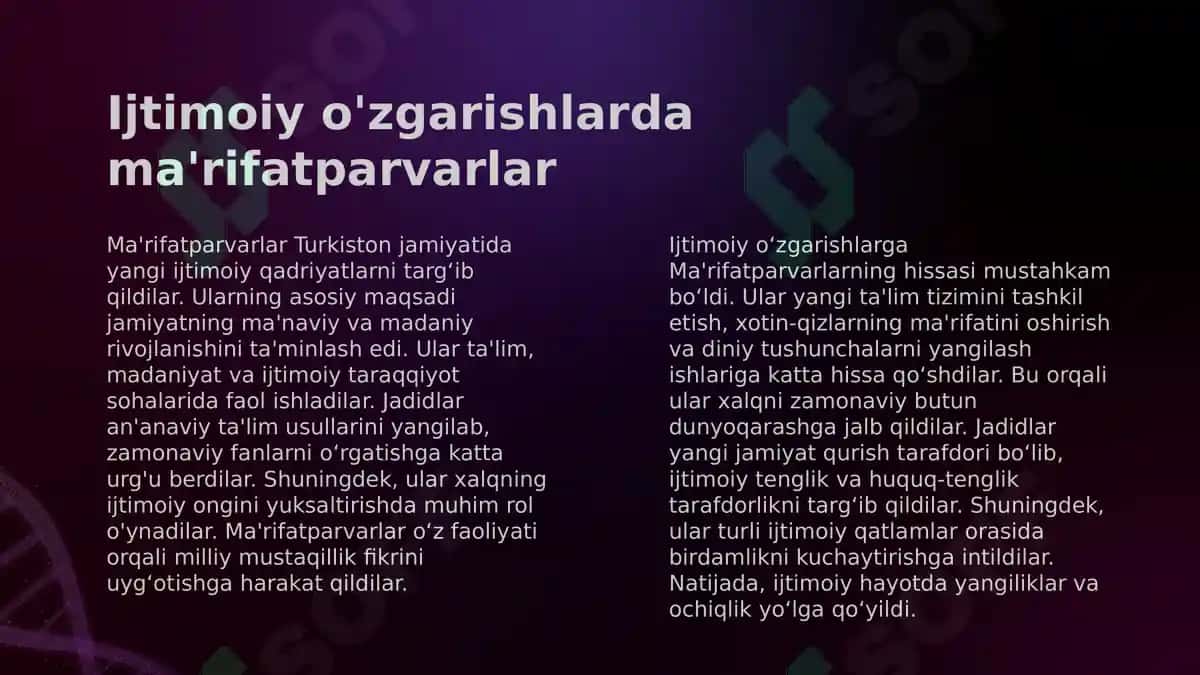 Jadid ma'rifatparvarlarining o'lka ijtimoiy-ma'naviy hayotida tutgan o'rni (Munavvar Qori, Fitrat, Behbudiy, Avloniy va boshq.). 4