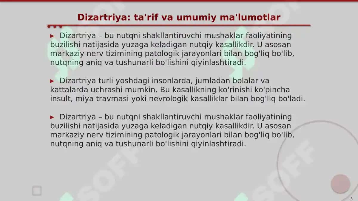 Dizartriya shakllarini sxemalashtirish (simptomatikasi, mexanizmi, zararlanish o’chog’i, nutqiy, nonutqiy buzilishlar) 3
