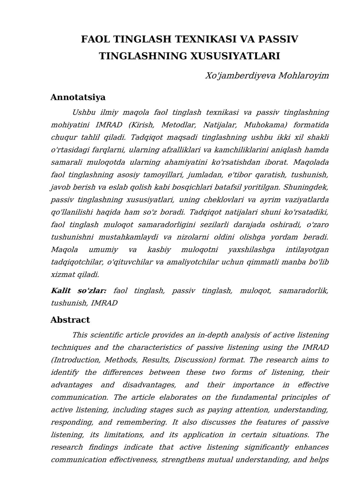 FAOL TINGLASH TEXNIKASI VA PASSIV TINGLASHNING XUSUSIYATLARI