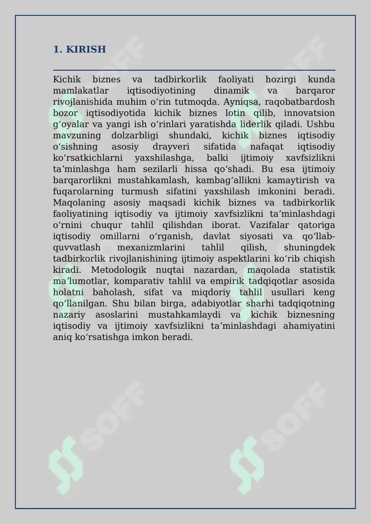 Kichik biznes va tadbirkorlik faoliyatini rivojlantirishning iqtisodiy va ijtimoiy xavfsizlikni taminlashdagi ahamiyati 2