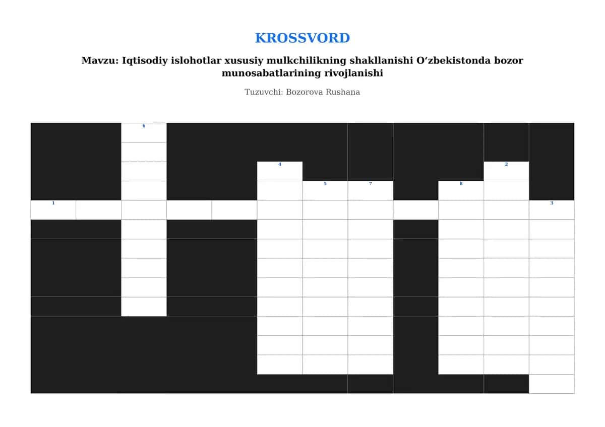 Krossvord: Iqtisodiy islohotlar, xususiy mulkchilik va bozor munosabatlari