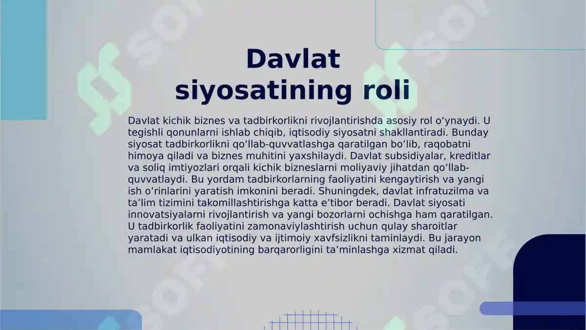 Kichik biznes va tadbirkorlik faoliyatini rivojlantirishning iqtisodiy va ijtimoiy xavfsizlikni ta'minlashdagi ahamiyati 8