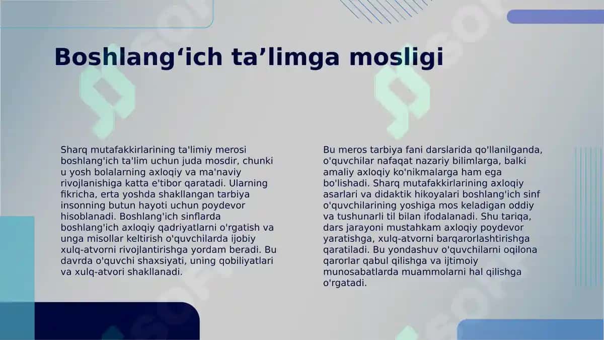 Boshlang'ich ta'lim fanlarini o'qitish jarayonida Sharq mutafakkirlari merosidan foydalanish (tarbiya fani darslari misolida) 4