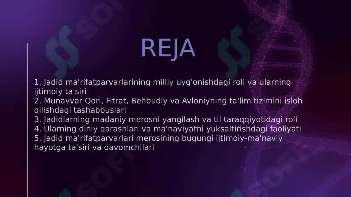 Jadid ma'rifatparvarlarining o'lka ijtimoiy-ma'naviy hayotida tutgan o'rni (Munavvar Qori, Fitrat, Behbudiy, Avloniy va boshq.). 2