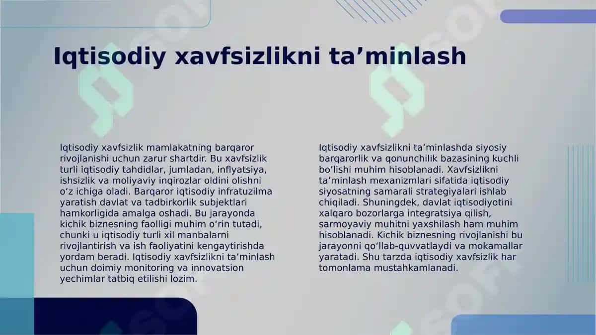 Kichik biznes va tadbirkorlik faoliyatini rivojlantirishning iqtisodiy va ijtimoiy xavfsizlikni ta'minlashdagi ahamiyati 4