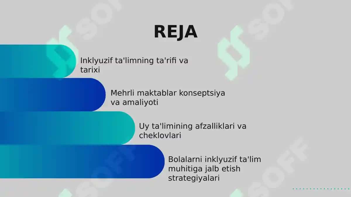Inklyuzif ta'lim, uy ta'limi va mehrli maktablarga bolalarni jalb etish 2