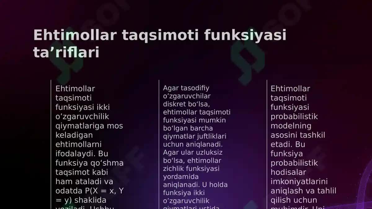 IKKI O’ZGARUVCHILIK TASODIFIY MIQDORLAR UCHUN EHTIMOLLAR TAQSIMOTI FUNKSIYASI 5