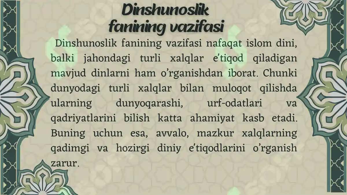 Dinshunoslik fanining predmeti, maqsadi va vazifalari 2