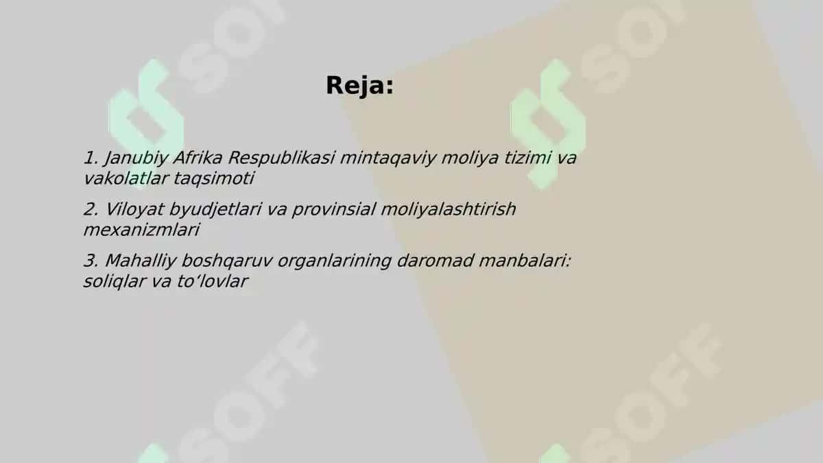 Janubiy Afrika Respublika mintaqalarning moliyalashtirish mexanizmlari 2