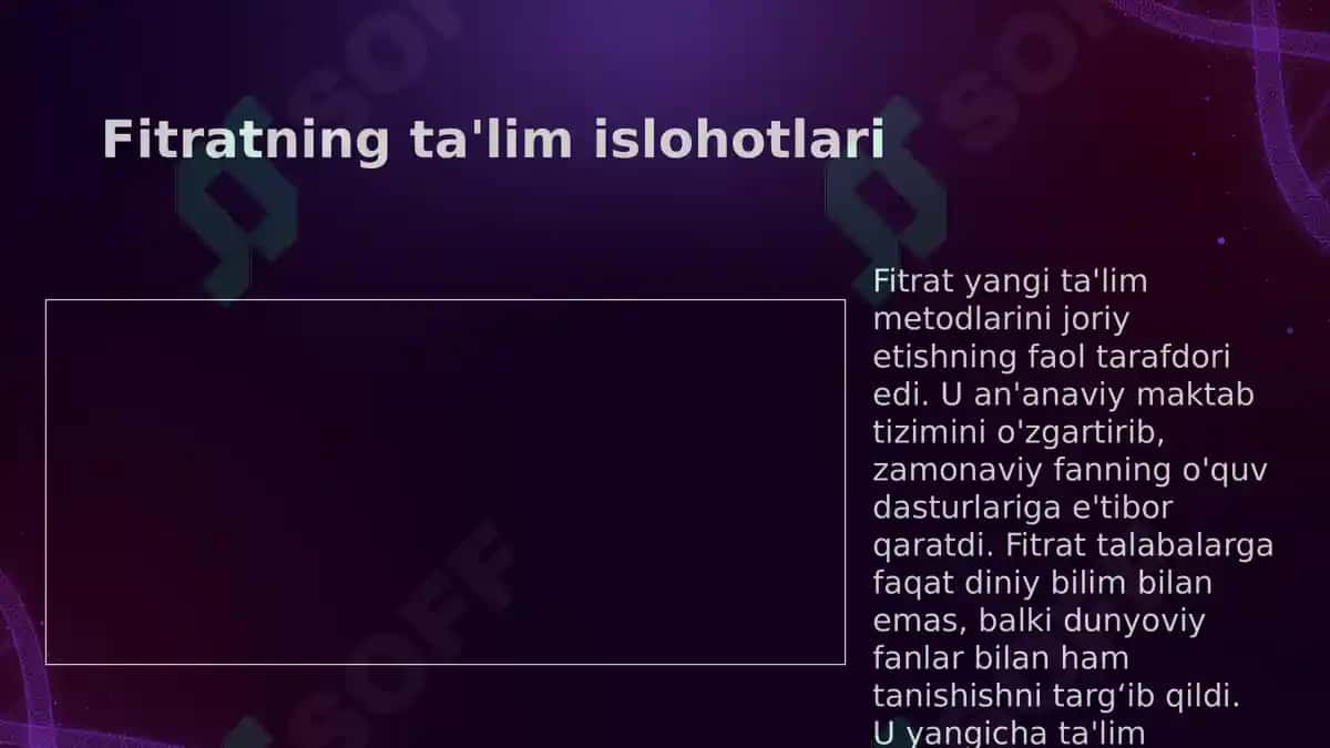 Jadid ma'rifatparvarlarining o'lka ijtimoiy-ma'naviy hayotida tutgan o'rni (Munavvar Qori, Fitrat, Behbudiy, Avloniy va boshq.). 6