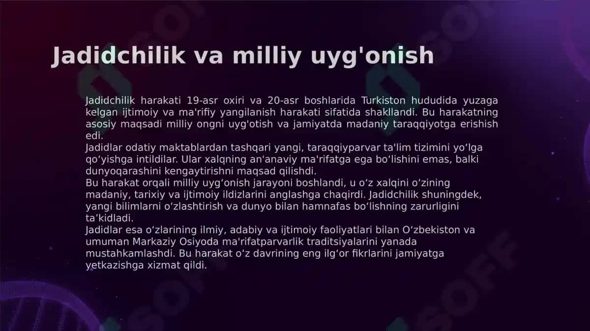 Jadid ma'rifatparvarlarining o'lka ijtimoiy-ma'naviy hayotida tutgan o'rni (Munavvar Qori, Fitrat, Behbudiy, Avloniy va boshq.). 3