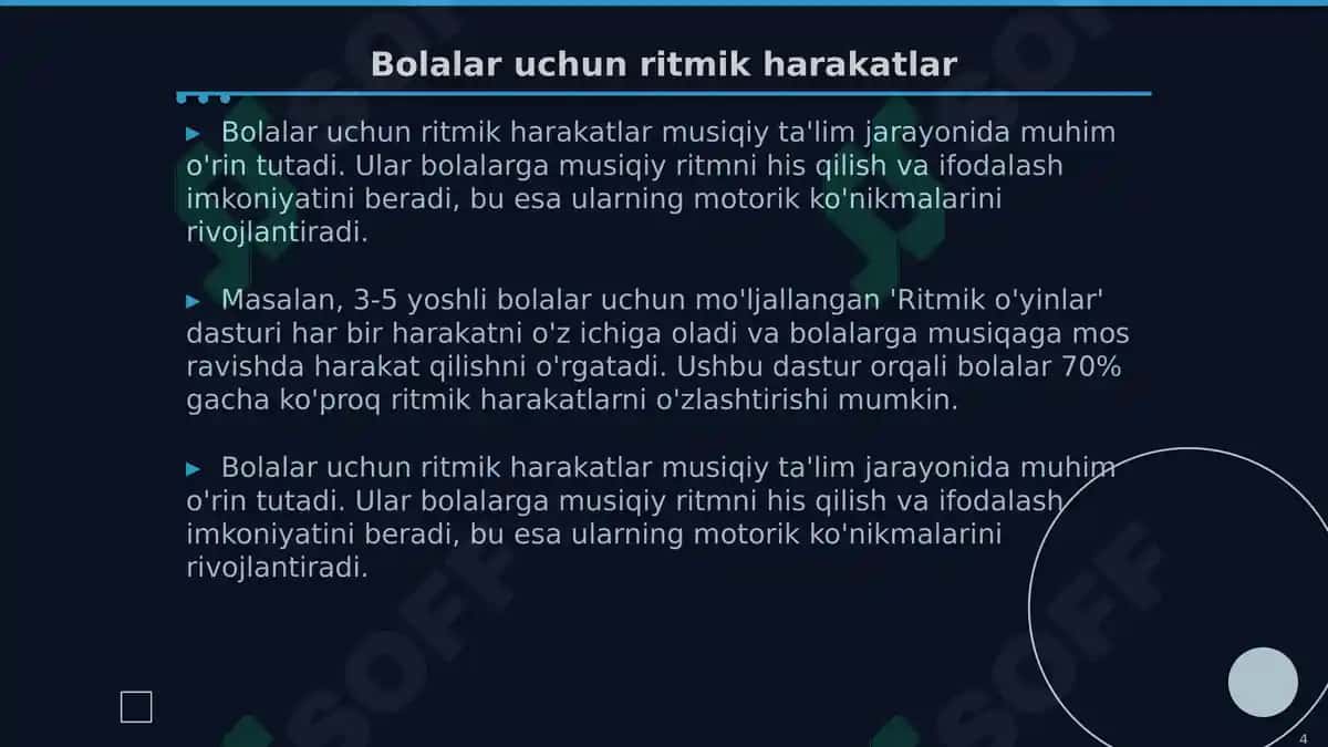 Bolalarni musiqaviy ritmik harakatlarga oʻrgatish 4