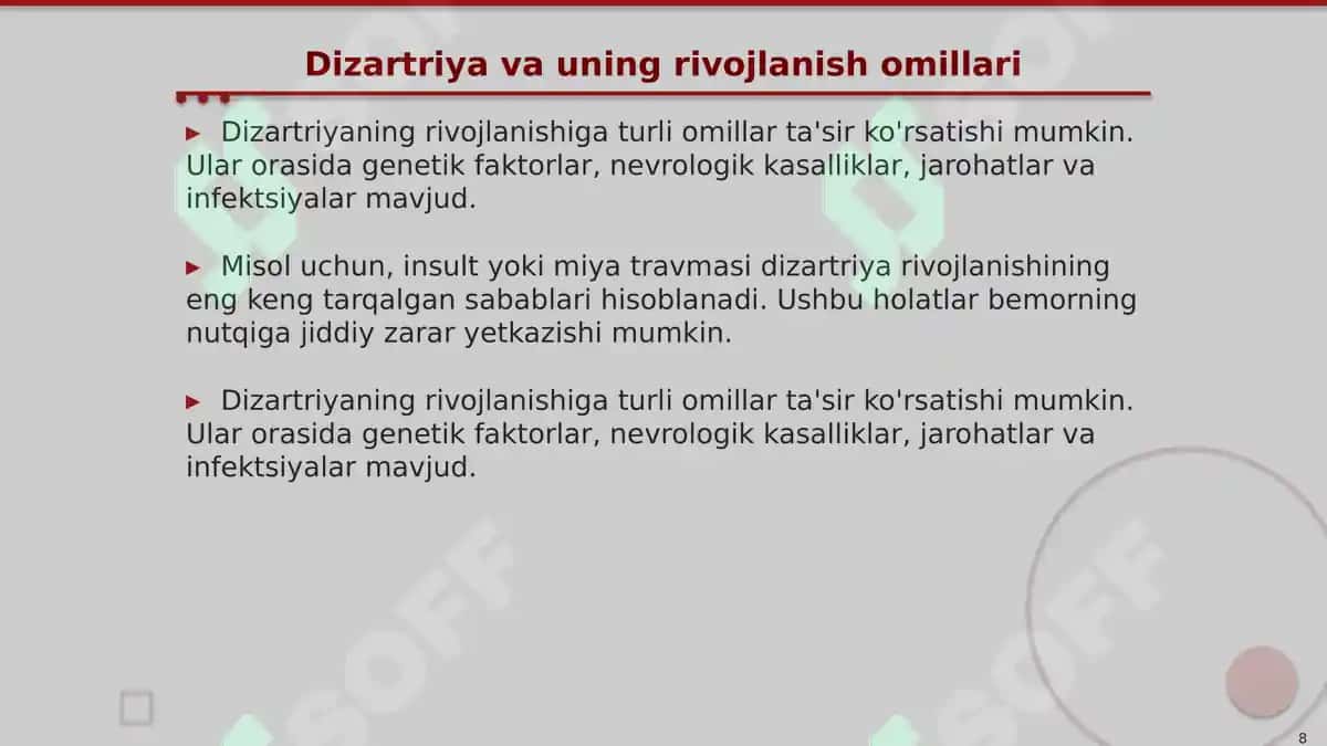 Dizartriya shakllarini sxemalashtirish (simptomatikasi, mexanizmi, zararlanish o’chog’i, nutqiy, nonutqiy buzilishlar) 8