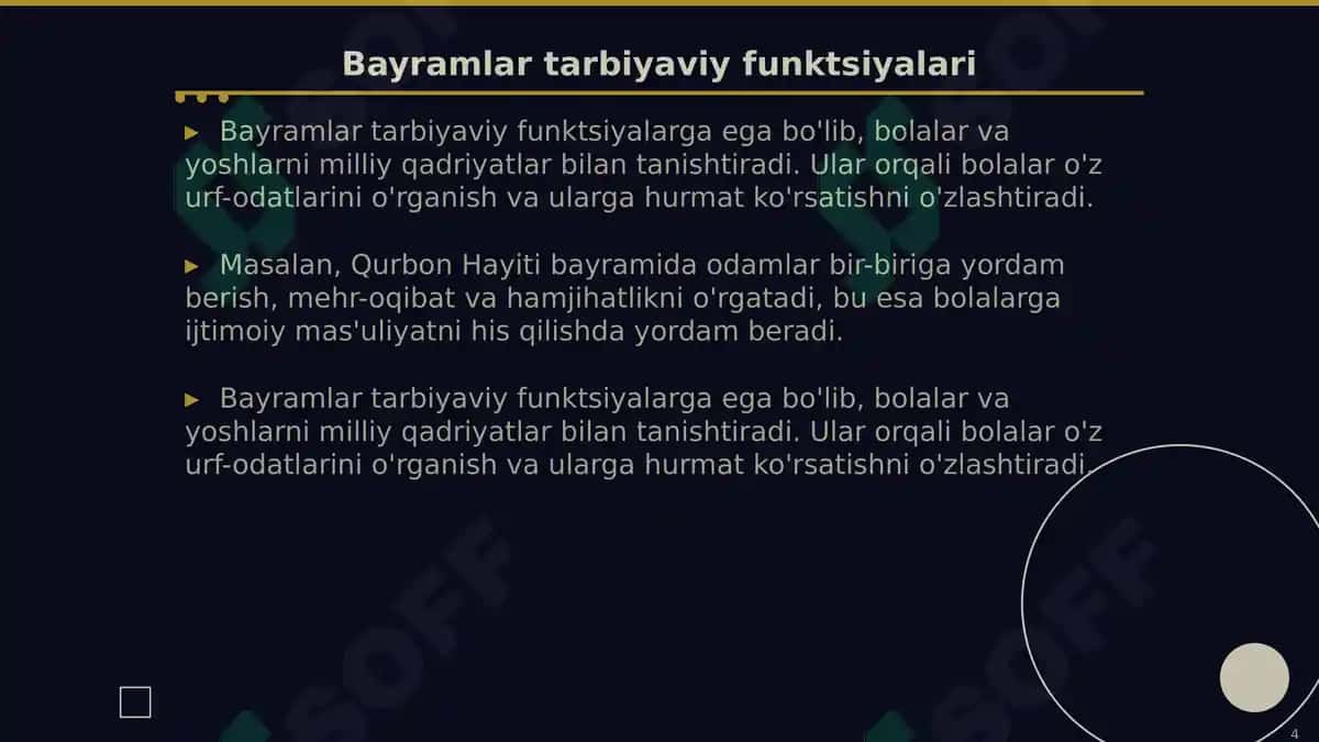 Milliy urf odatlar bayramlarning mazmun mohiyati va tarbiyaviy ahamiyati 4