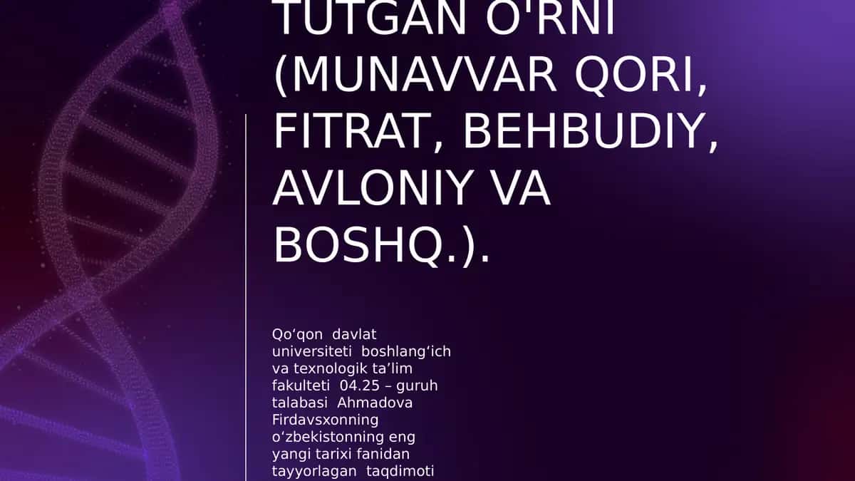 Jadid ma'rifatparvarlarining o'lka ijtimoiy-ma'naviy hayotida tutgan o'rni (Munavvar Qori, Fitrat, Behbudiy, Avloniy va boshq.).