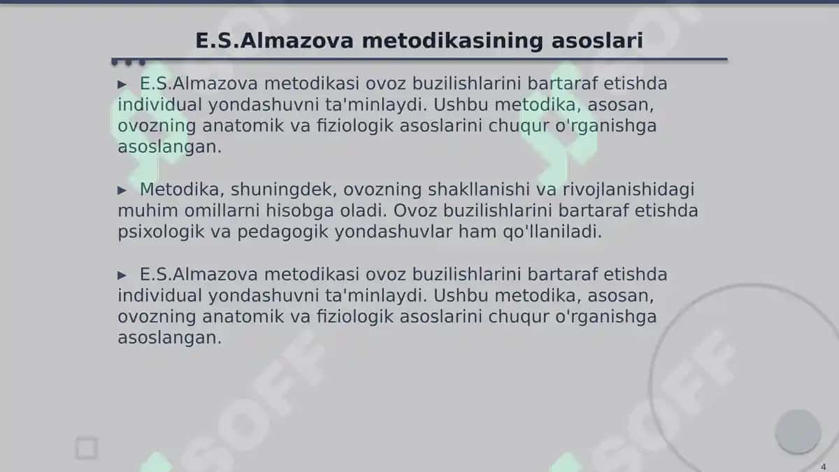 Ovoz buzilishlarini bartaraf etishda E.S.Almazova metodikasi 4