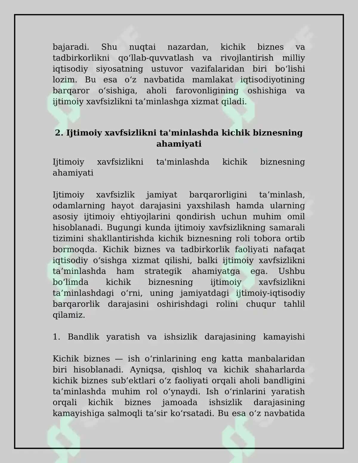 Kichik biznes va tadbirkorlik faoliyatini rivojlantirishning iqtisodiy va ijtimoiy xavfsizlikni ta'minlashdagi ahamiyati 7
