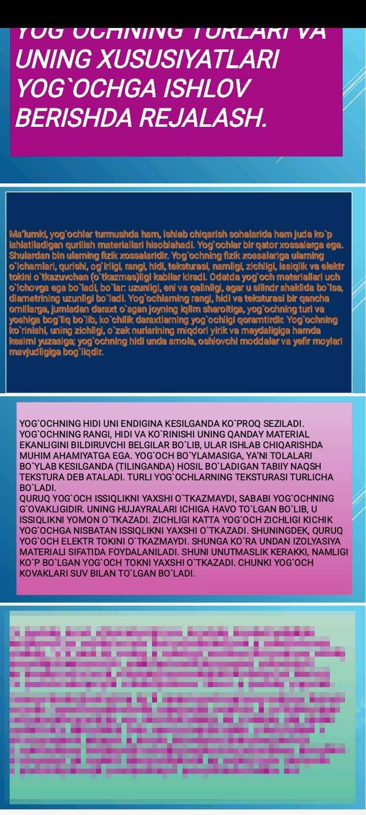 Yog`ochning turlari va uning xususiyatlari. Yog`ochga ishlov berishda rejalash.