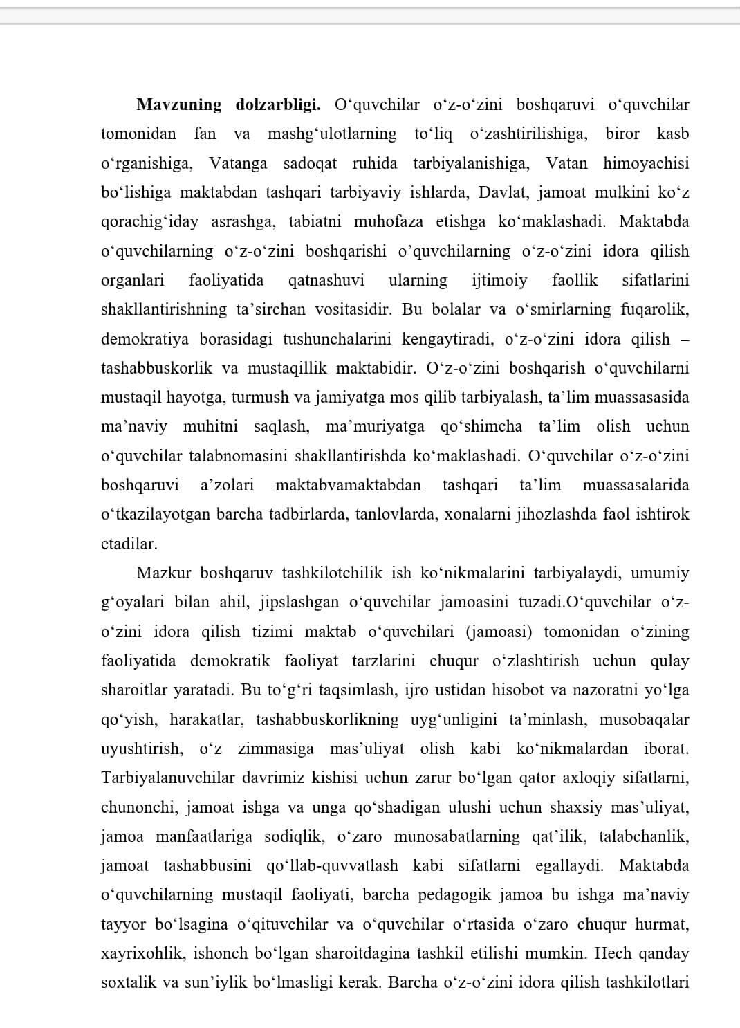 TASHKILOTCHILIK VA OʻQUVCHILARNING OʻZ-OʻZINI BOSHQARISH ISHLARINING METODIKASI