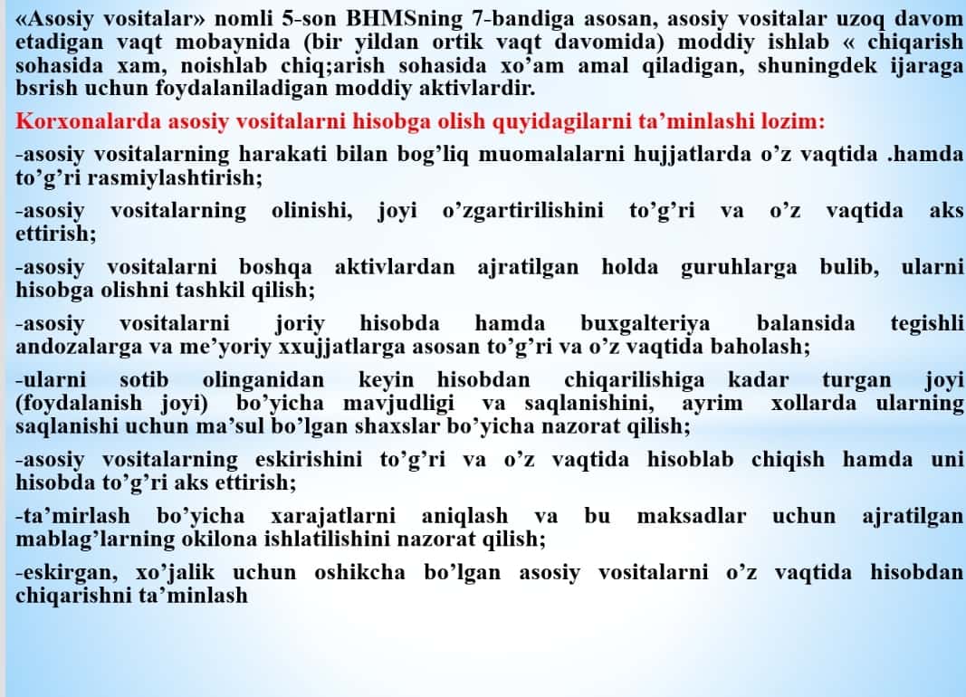 ASOSIY VOSITALAR VA NOMODDIY AKTIVLAR HISOBI