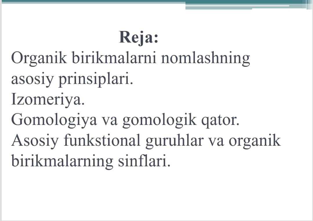 Organik birikmalarning klassifikatsiyasi.
To'yingan va to'yinmagan uglevodorodlar