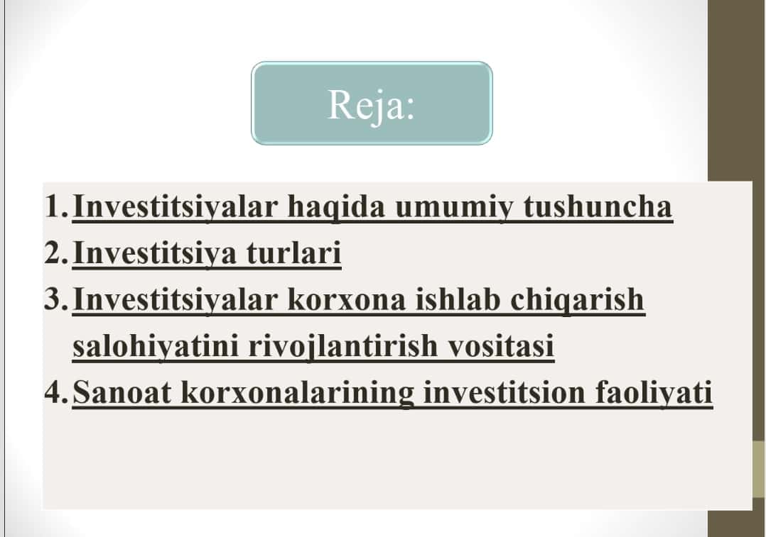 SANOAT KORXONALARINING INVESTITSION FAOLIYATI