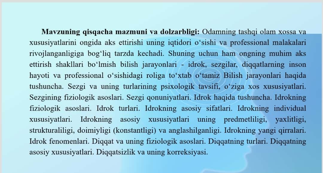 Bilish jarayonlari haqida tushuncha. SEZGI