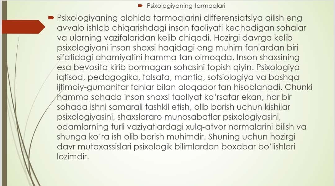 Umumiy psixologiya fanining tarmoqlari va tadqiqot metodlari