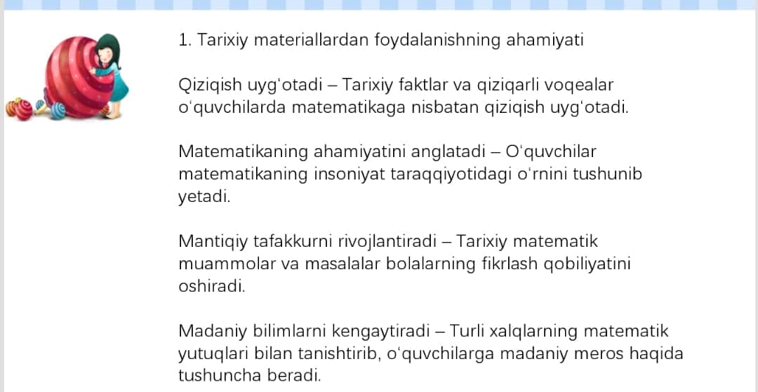 Boshlang’ich sinflarda matematikadan sinfdan tashqari
ishlarda tarixiy materiallardan foydalanish.