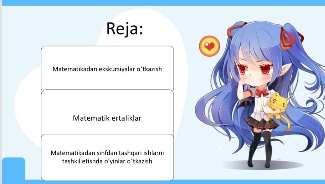 Mavzu: Matematikadan ekskursiyalar, ertaliklar , o‘yinlar tayyorlash va o‘tkazish metodikasi